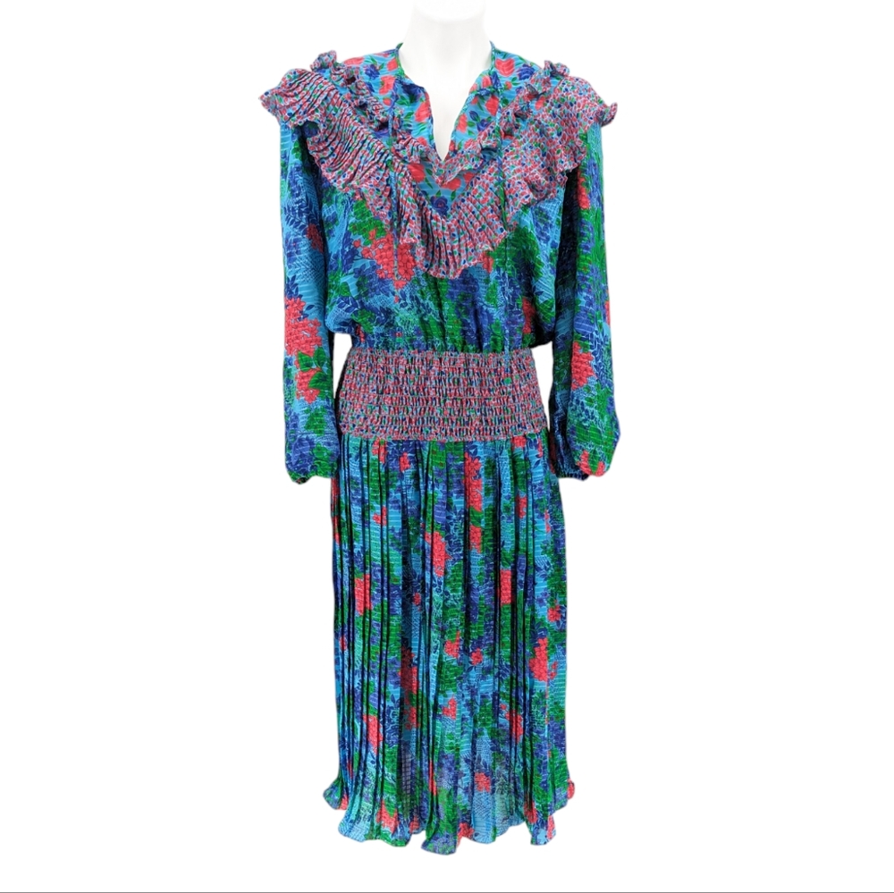 Vintage Assorti for Susan Freis Made in USA Cottagecore Teal Dress Size Medium